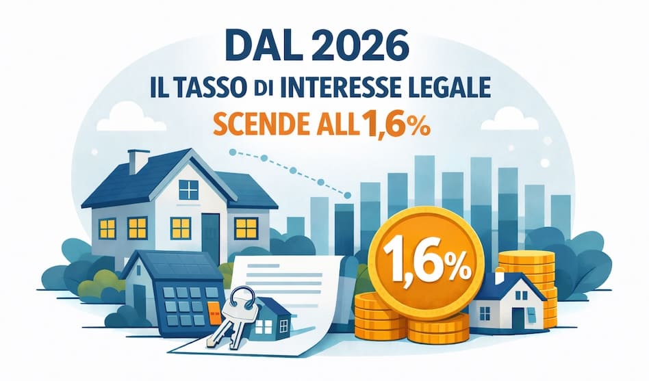 Dal 2026 il tasso di interesse legale scende all'1,6% Dall’1 gennaio 2026 il saggio degli interessi legali, che si applica per la corresponsione degli interessi sui depositi cauzionali nei contratti di locazione, è fissato all’1,6%