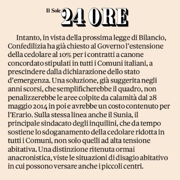 Cedolare nei Comuni colpiti da calamita': il 10% resta in bilico