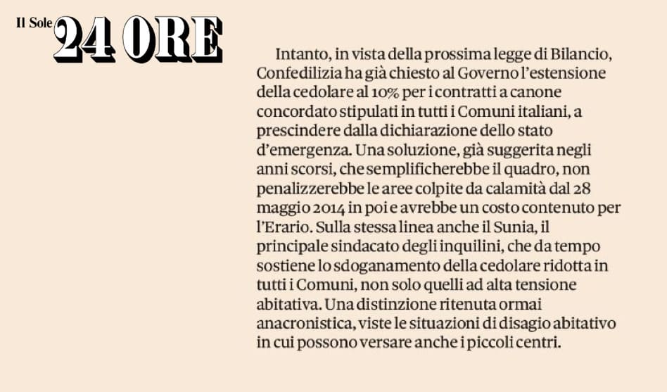 Cedolare nei Comuni colpiti da calamita': il 10% resta in bilico